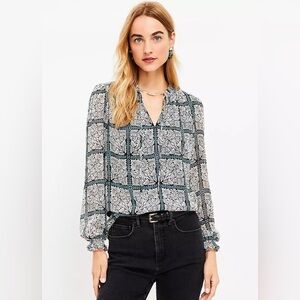LOFT Scroll Smocked Tie Neck Blouse Size Medium
